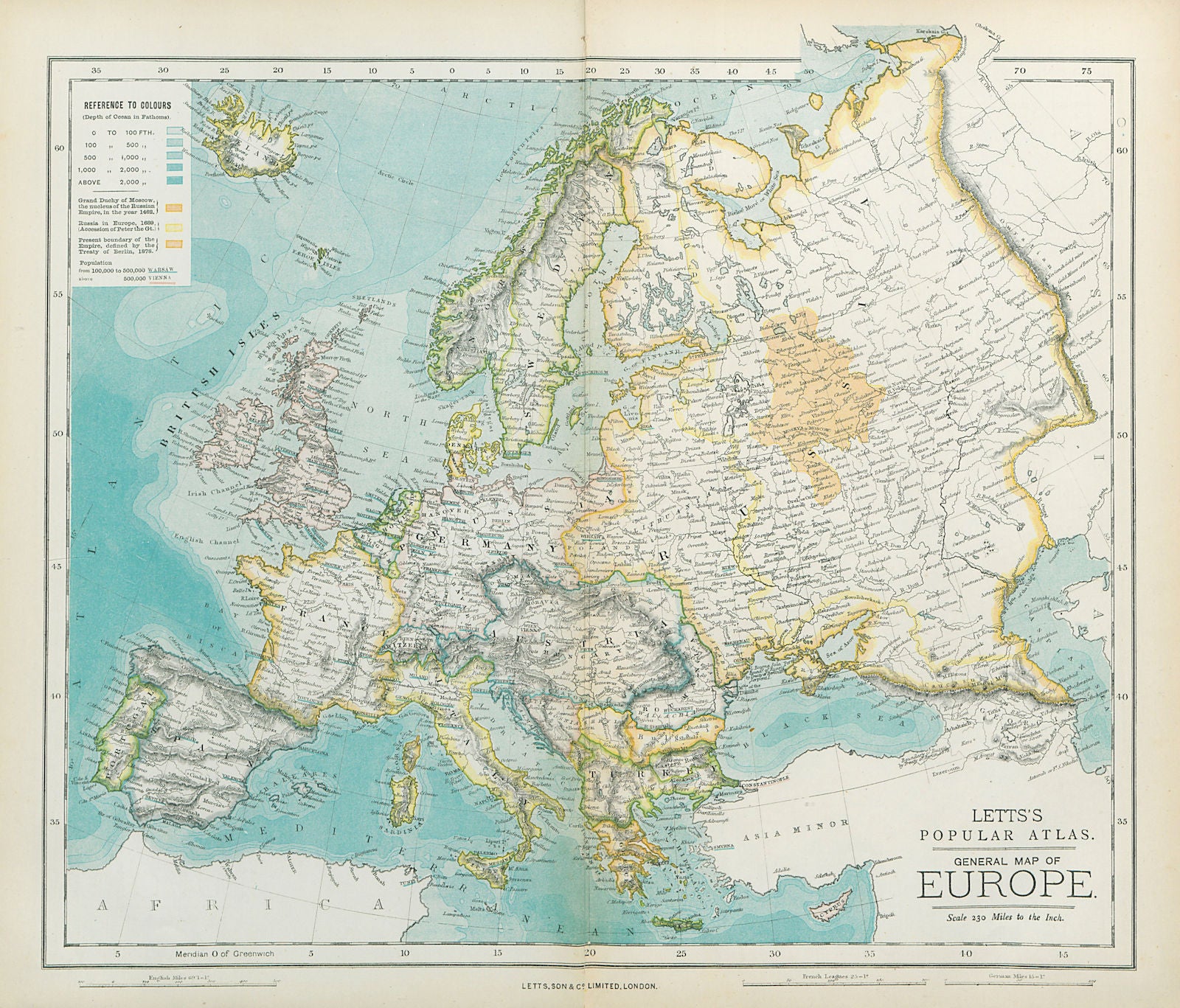 EUROPE Political map with Russian borders in 1462, 1689 & 1878. LETTS 1883